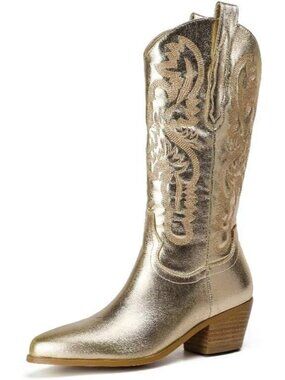 Women's Gold Embroidered Western Cowboy And Cowgirl Boots Chunky Heel Shiny Boot